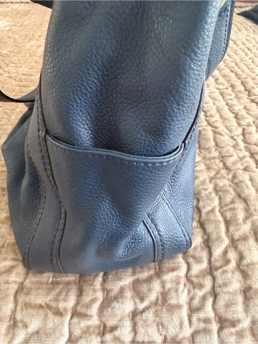 Michael Kors Navy Pebbled Leather Drawstring Shoulder Tote with Gold Hardware - Picture 4 of 6